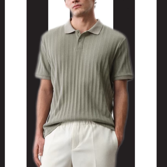 H&M Slim Fit Textured Jersey Polo Shirt Size Medium Sage Green - Picture 1 of 8